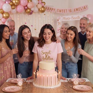 May include: A two-tier cake with pink and cream frosting, topped with a gold cake topper reading Sweet 16 Amelia. The cake is surrounded by thin gold candles on a gold sequin tablecloth, with matching plates and party decorations in the background.