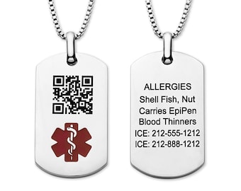 Medical Alert ID Dog Tag QR Code Necklace - Custom Medical ID Jewelry - Personalized - Stainless Steel - CGN1043.