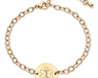 Medical Alert ID Bracelet for Women, Customizable Engraved Medical ID Jewelry, Waterproof Hypoallergenic Stainless Steel, Gold Rose Silver