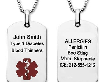 Medical Alert ID Dog Tag Necklace - Custom Medical ID Jewelry - Personalized - Stainless Steel - CGN1042.