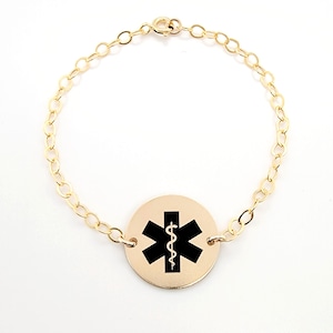 14 karat Solid Gold - Medical Alert ID Bracelet for Women-Children-Custom Adjustable-Personalized Engraved-Emergency - CG479B34