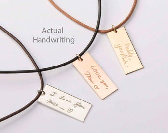 Custom Handwriting Leather Necklace-For Him-Father-Boyfriend-Personalized Memorial Signature-Kids Drawing-Gold-Rose-Silver-CG284N_1.25X.5