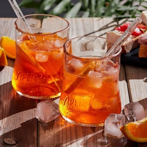 100% MADE in ITALY. Two ORIGINAL Aperol Spritz drinking glasses and two glass straws. Glass upcycling cocktail tumbler for Italian aperitif