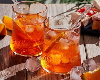 COMBO SPRITZ: 2 bicchieri aperol + 2 cannucce in vetro spritz Il regalo ecofriendly per Aperol spritz time confezione regalo e pennellino inclusi