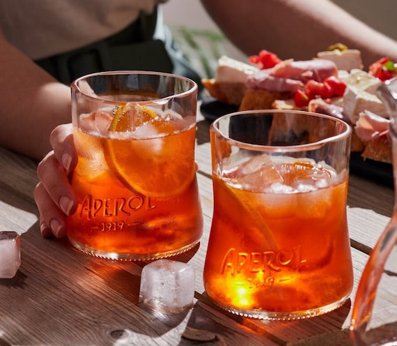 100% MADE in ITALY. Two ORIGINAL Aperol Spritz drinking glasses. Glass upcycling cocktail tumbler for Italian aperitif, Aperol spritz time