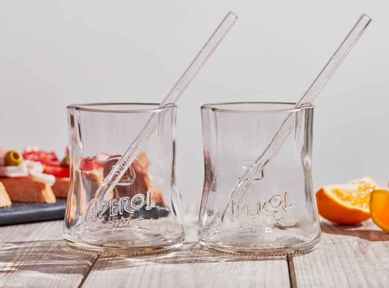 Rare Discontinued Aperol Glasses with Straws – Two Recycled Tumblers Set image 2