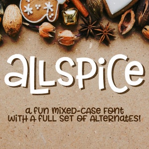 Puede incluir: Texto blanco sobre fondo marrón que dice "ALLSPICE" en una fuente divertida con mayúsculas y minúsculas. El texto está rodeado de varias decoraciones navideñas, incluyendo galletas de jengibre, palitos de canela y anís estrellado.