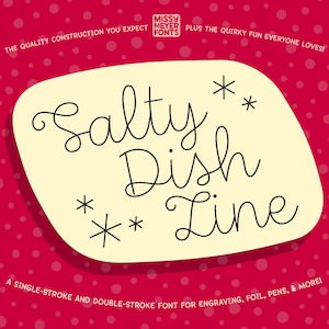 Puede incluir: Un diseño gráfico con las palabras "Salty Dish Line" en una fuente cursiva caprichosa. El texto está sobre un rectángulo redondeado de color crema sobre un fondo rojo con lunares blancos. El diseño incluye símbolos en forma de estrella.