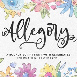 Puede incluir: Un diseño de fuente en blanco y negro llamado "Allegory" con un borde floral de acuarela. El texto dice "Una fuente de escritura elástica con alternativas, suave y fácil de cortar e imprimir!"