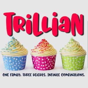 Könnte beinhalten: Drei Cupcakes mit verschiedenen bunten Tupfenverpackungen und Streuseln. Die Cupcakes sind von links nach rechts angeordnet: blau, rosa und grün. Der Text "Trillian" ist in großen roten Buchstaben über den Cupcakes geschrieben.