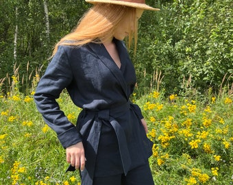 Anzug Leinenjacke und Hose, Damenwäsche-Set, Damen-Leinenkleidung, Damen-Sommer-Set