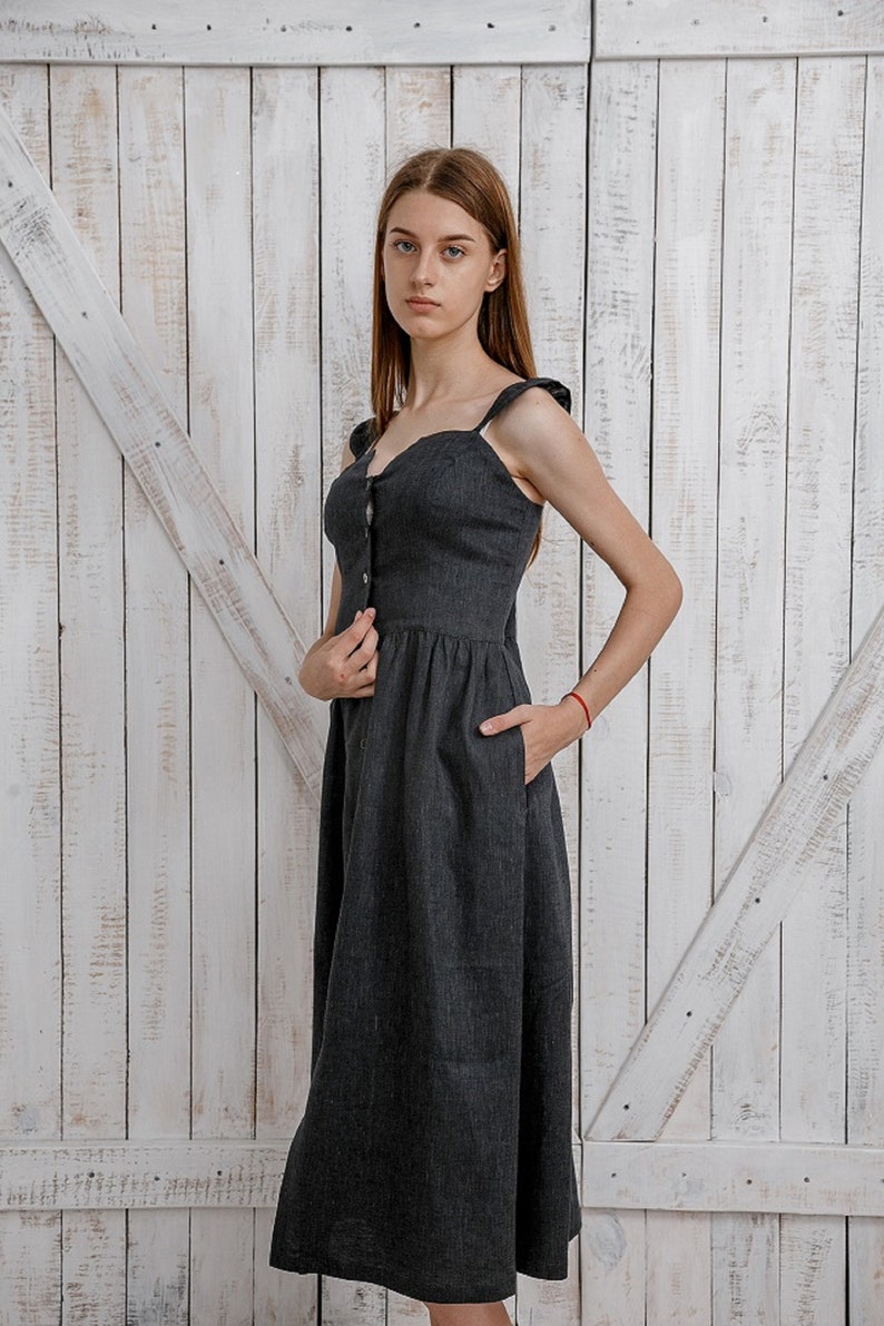 Linen Sundress .Midi vintage inspired dress. Button down straps dress.Size M image 1