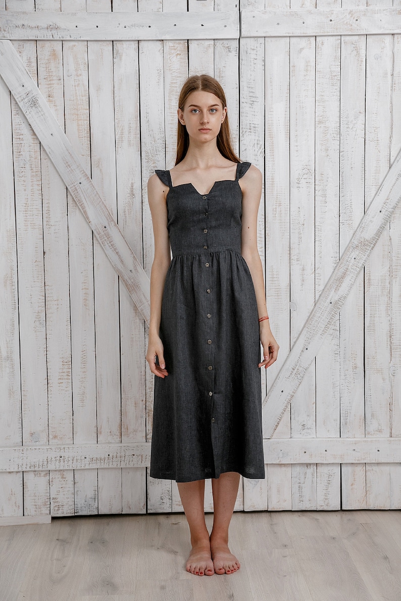 Linen Sundress .Midi vintage inspired dress. Button down straps dress.Size M image 2
