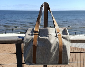 LINEN BAG.Linen bag with leather handles.Shopping bag.Summer linen bag.Tote bag.