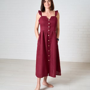 Linen Sundress .Midi vintage inspired dress. Button down straps dress.Size M image 7
