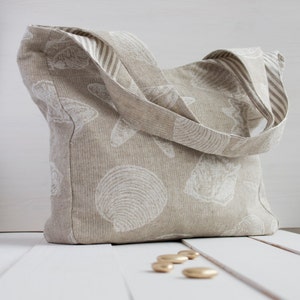 Neutral Linen two-color Bag with sea drawing. Beach Bag image 1