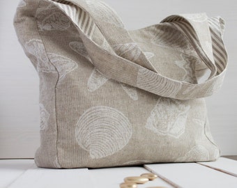 Neutral Linen two-color  Bag with sea drawing. Beach Bag