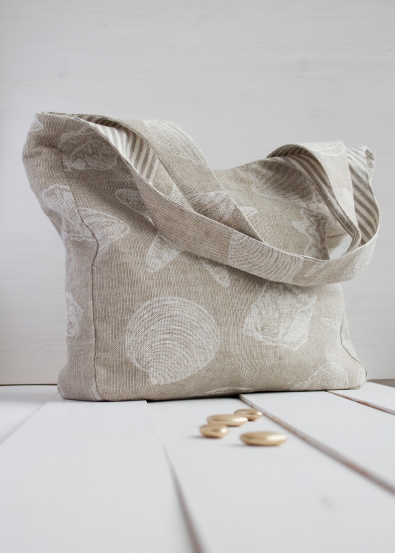 Neutral Linen two-color Bag with sea drawing. Beach Bag image 1