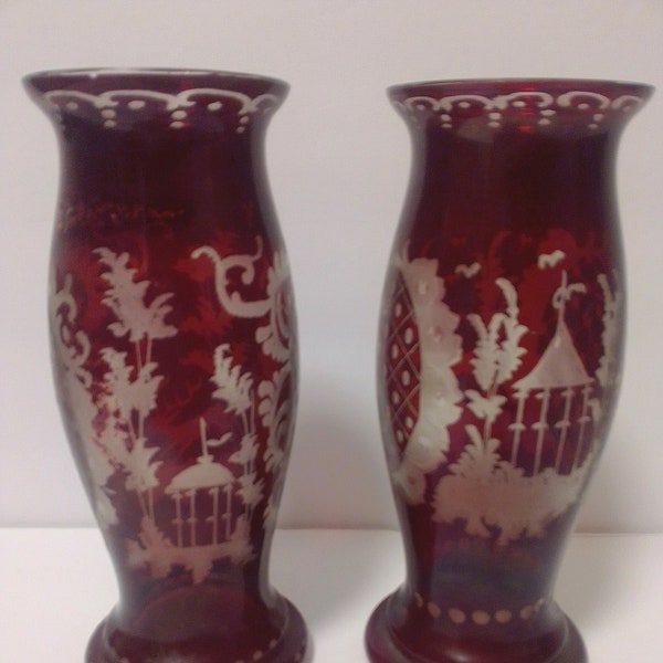 Bohemian Antique Victorian Egermann Ruby Red Cut to Clear Crystal Vase Pair