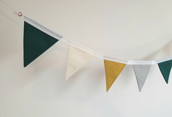 Emma Mustard Yellow, Bottle Green, Grey and Cream Bunting | Modern Bunting | Contemporary Bunting | Gender Neutral Bunting | Bedroom Bunting