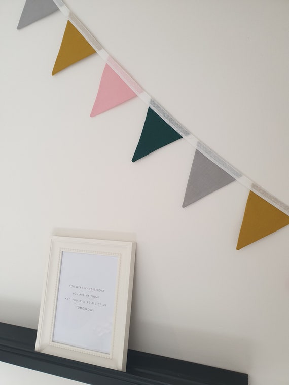 Willow Mustard Yellow, Bottle Green, Grey and Pink Bunting | Bunting for Playroom | Colourful Bunting | Nursery Bunting | Bright Home Decor