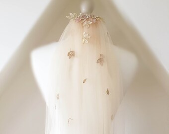 Autumn fall cathedral, chapel or fingertip length applique fine tulle veil