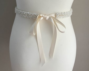 Pearl Belt, Ivory Pearl Sash, Pearl Sash, Narrow Sash, Ivory Sash, Narrow belt, Bridal Sash, Bridal Belt - 'NATHALIE'