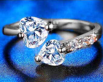 Dashing Double CZ Crystal Heart Adjustable Ring 925 Sterling Silver Women's Girls Jewellery Gifts UK