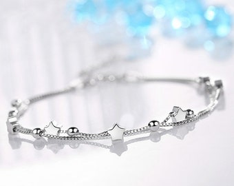 925 Sterling Silver Tiny Little Twinkle Stars Charm Beaded Star Bracelet Link Bracelet Adjustable Length, Gift UK