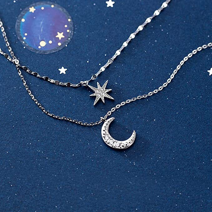 925 Sterling Silver Moon and Sun Double-layered Necklace 925 - Etsy UK