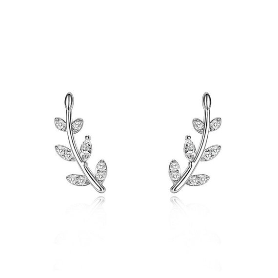 Sterling Silver With Sparkling CZ Tiny Leaves Stud Earrings - Etsy UK