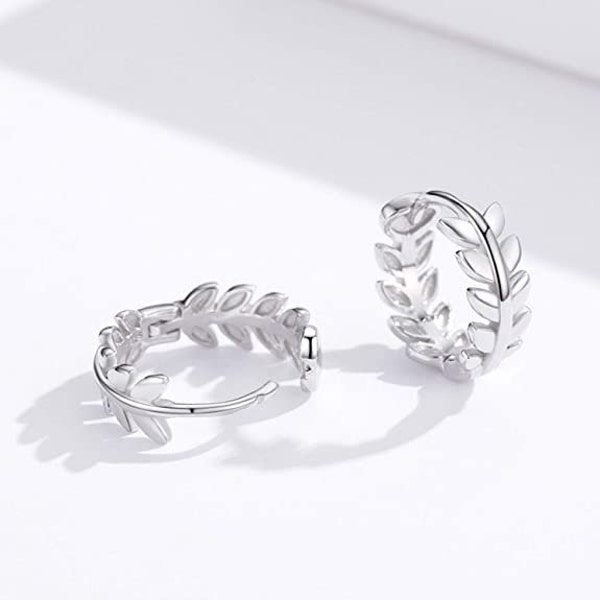 925 Sterling Silver Tiny Leaves Hoop Style Earrings -Silver & Golden 2 Colours Available, Skinny Olive Leaf Earrings