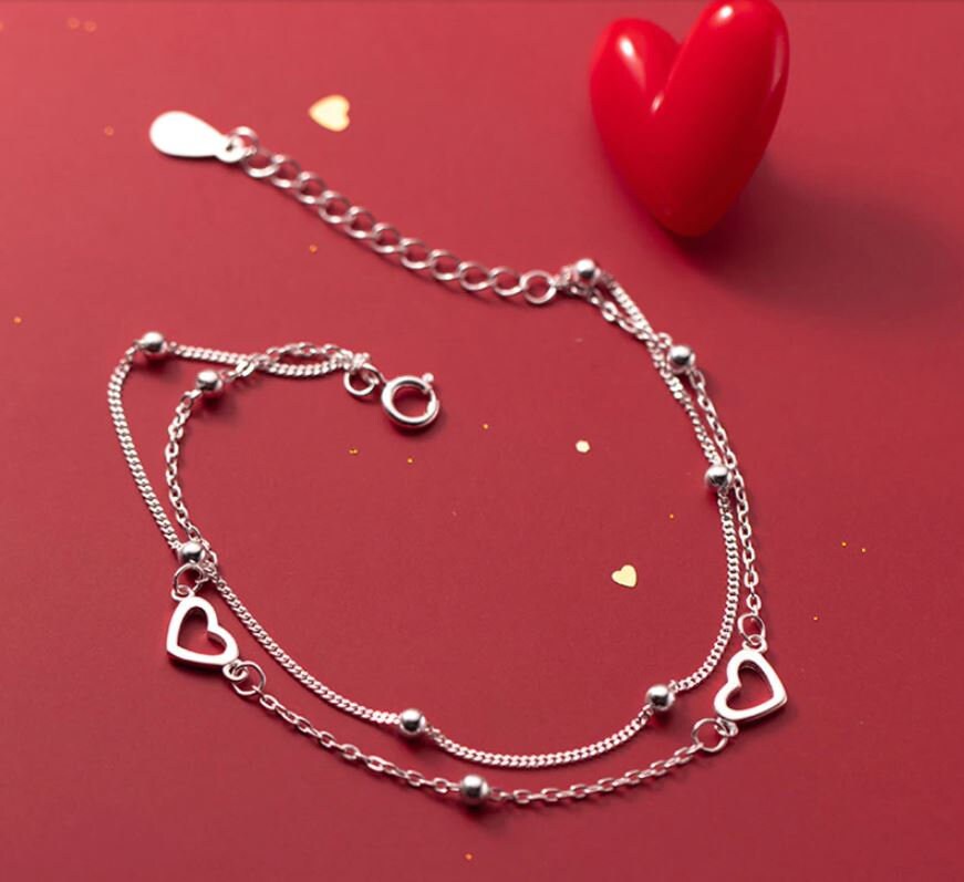 925 Sterling Silver Dainty Heart Chain Bracelet Heart Charm Etsy UK