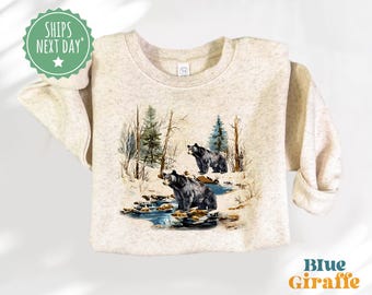 Black Bears Forest Scene Kids Sweatshirt - 90s Vintage Bears Camping Outfit - Retro Toddler Sweatshirt - Boho Unisex Crewneck Sweatshirt