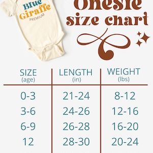 May include: A chart showing the size of onesies for babies, with the size in months, length in inches, and weight in pounds. The chart is on a white background with a brown border.