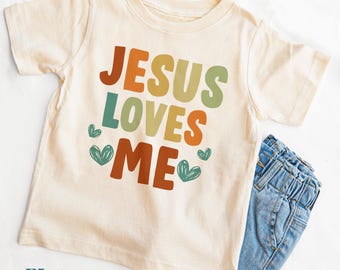 Camiseta infantil «Jesús me ama» - Ropa cristiana para niños - Camiseta con estampado de Jesús - Camiseta cristiana para niños - Camiseta boho natural para niños y jóvenes