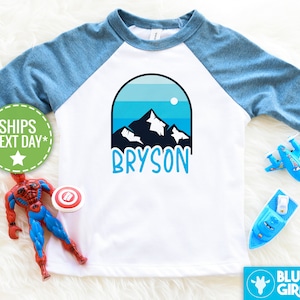 Personalized Mountain Boys Raglan, Blue Mountain Custom, Cute Custom Adventurer Shirt, Custom Name Toddler Shirt, Mountain Boys Shirt
