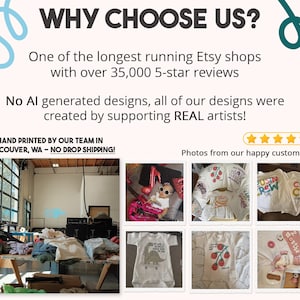 Puede incluir: Un gr&aacute;fico informativo titulado WHY CHOOSE US? con texto sobre la historia de la tienda, dise&ntilde;os creados por artistas e impresi&oacute;n a mano en Vancouver, WA. Incluye seis im&aacute;genes peque&ntilde;as que muestran un taller y varios bodys blancos.