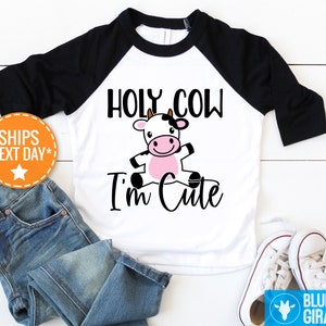 Holy Cow I&#39;m Cute baby Onesie®, Animal Baby Onesie, Raglan Shirt, Cute Baby Clothes, Funny Baby Onesie®, Cow Baby Bodysuit