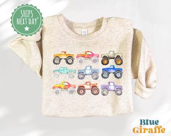 Sudadera retro de Monster Truck para niños - Sudadera para niños pequeños de camiones grandes - Suéter de cumpleaños de Monster Trucks - Cuello redondo de camión para niño pequeño