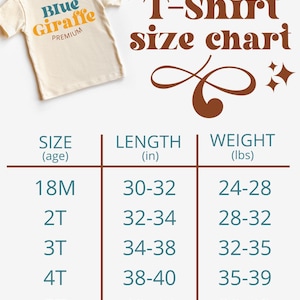 May include: A chart showing t-shirt sizes for children, with measurements in inches and pounds. The chart shows sizes 18M, 2T, 3T, 4T, and 5T, with corresponding length and weight ranges.