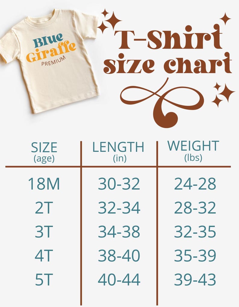 May include: A chart showing t-shirt sizes for children, with measurements in inches and pounds. The chart shows sizes 18M, 2T, 3T, 4T, and 5T, with corresponding length and weight ranges.