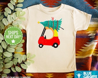 Red Car Christmas Kids Shirt, Cute Christmas Toddler Top, Christmas Tree Kids Baseball Shirt