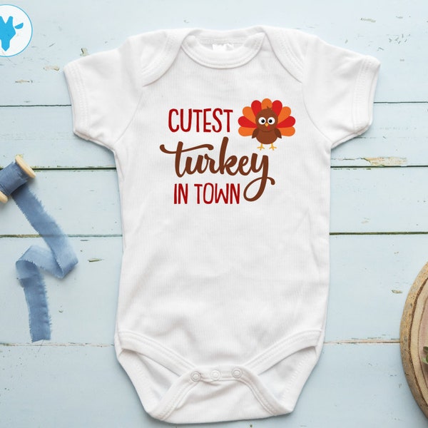 Cutest Turkey In Town Bodysuit, Thanksgiving Bodysuit, Baby Boy Clothes, Baby Girl Gift, Baby Shower Gift