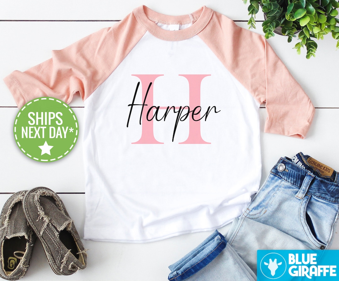 Personalized Baby Girl Name Shirt, Girls Peach Raglan, Custom Name Kids Shirt, Personalized