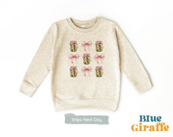 Pickle Jars coquette bow Kids Sweatshirt - Retro Pickle Bow Toddler Sweatshirt - Funny Natural Crewneck Pickle Onesie - Toddler & Youth Tee