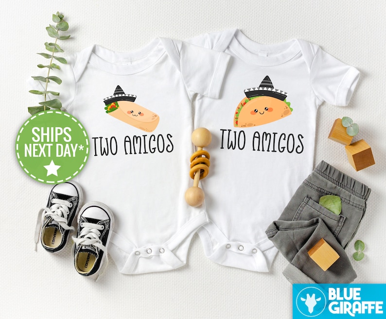 Two Amigos Funny Twin Onesie®s®, Twin Baby Bodysuits, Cute Baby Shower Gift for Twins, Best Friends Twins image 1