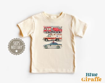 Retro Emergency Vehicles Kids Shirt - Police Car, Fire Truck, Ambulance - Boho Toddler Shirt - Fire Truck Shirt