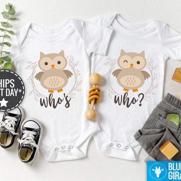 Who's, Who Twin Onesie®s®, Twin Baby Clothe Set, Funny Owl Twin Shirts, Cute Best Friend Twin Baby Onesies®