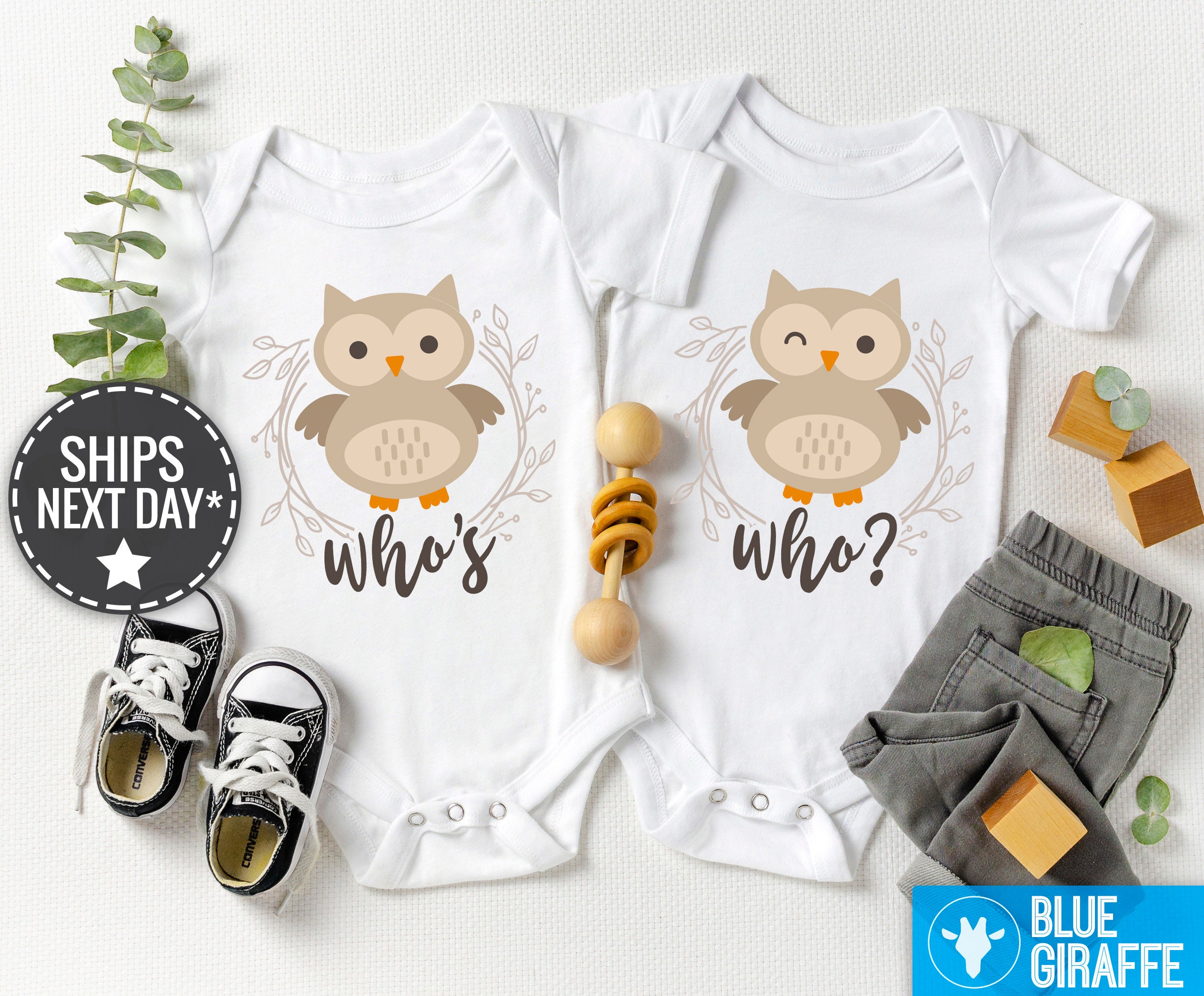 Who's, Who Twin Onesie®s®, Twin Baby Clothe Set, Funny Owl Twin Shirts,  Cute Best Friend Twin Baby Onesies® 